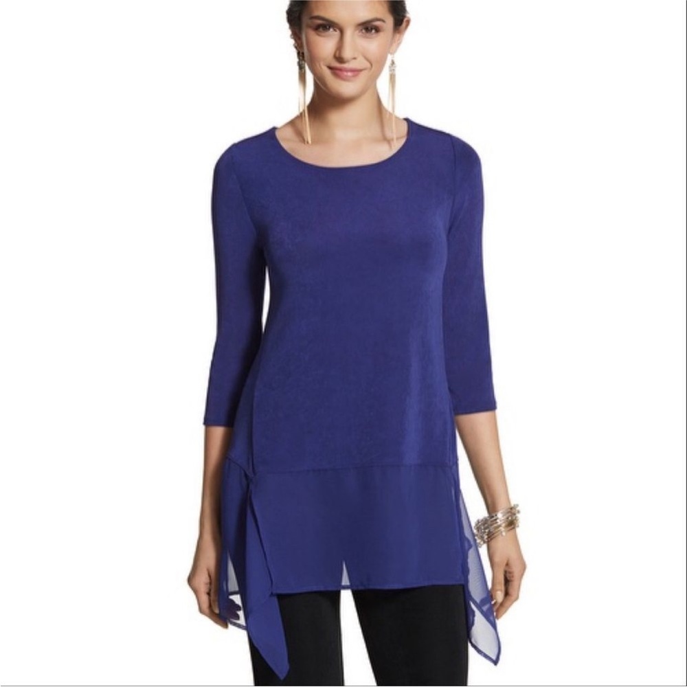 Chico's Travelers Slinky Blue Asymmetrical 3/4‎ Sleeve Chiffon Tunic Sz 2 (L)
